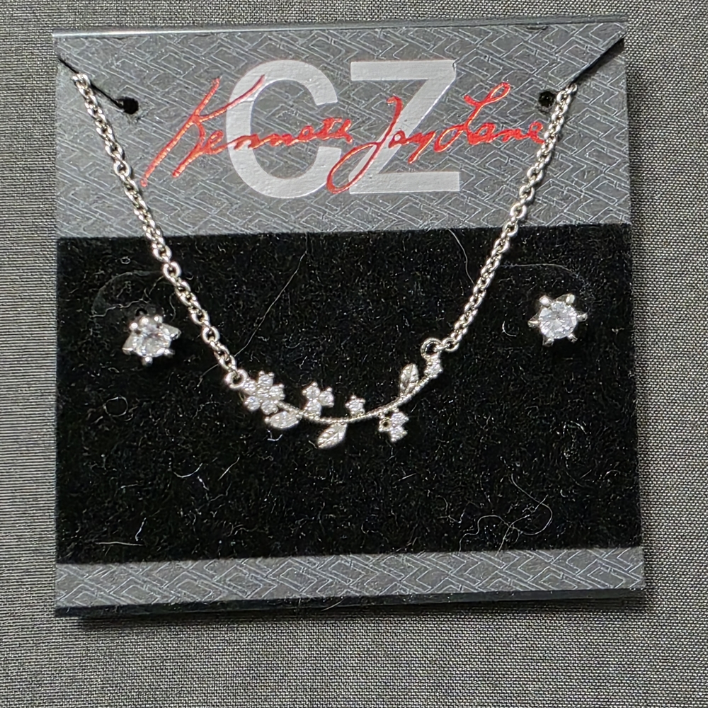 CZ by Kenneth Jay Lane Silver Floral Necklace and Earring Set New!!